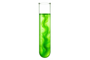Green liquid chemical mixing in a glass test tube for science research, experiment, or pharmaceutical development, transparent background