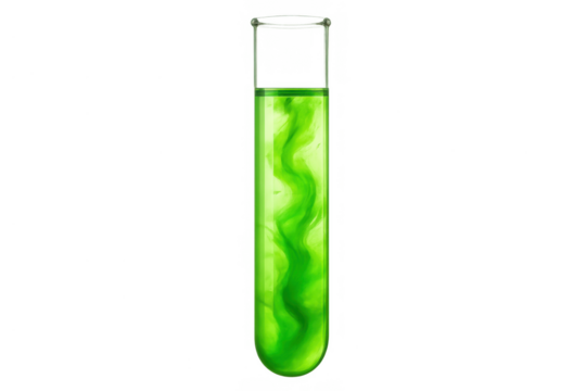 Green liquid chemical mixing in a glass test tube for science research, experiment, or pharmaceutical development, transparent background - Powered by Adobe