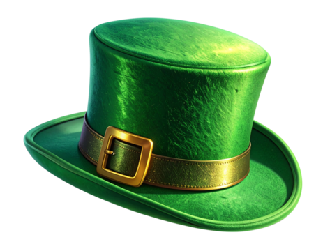 Tilted St. Patrick’s Leprechaun Hat With Curved Brim and Highlighted Buckle, Dynamic Side Angle, Isolated