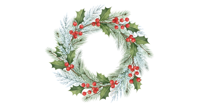 Festive christmas wreath with red berries isolated on transparent background