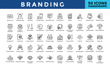 Branding icons set with business card, packaging design, letterhead, envelope design, presentation deck , email signature icon. Simple hand drawn vector 
