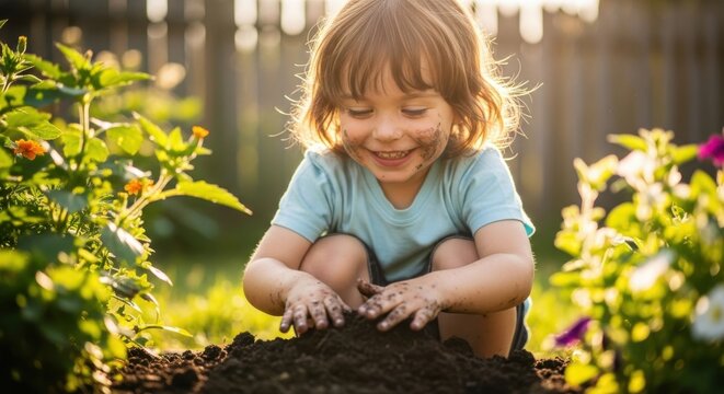 Happy cute child playing with soil in garden on sunny day