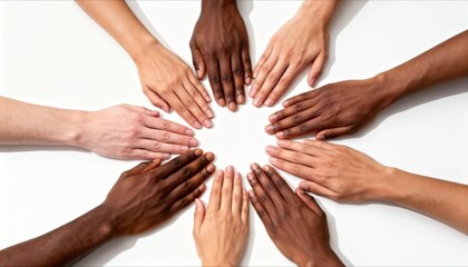 circle of six diverse multiracial hands gently touching, symbolizing human solidarity, global unity, inclusion, and peaceful connection
