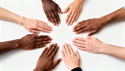 circle of six diverse multiracial hands gently touching, symbolizing human solidarity, global unity, inclusion, and peaceful connection