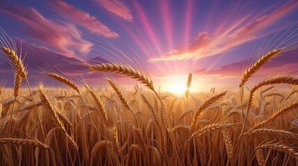 This image focuses on a field of golden wheat, bathed in the radiant light of a sunset with dramatic rays of light extending across the sky. The scene evokes a sense of abundance, warmth, and the beau