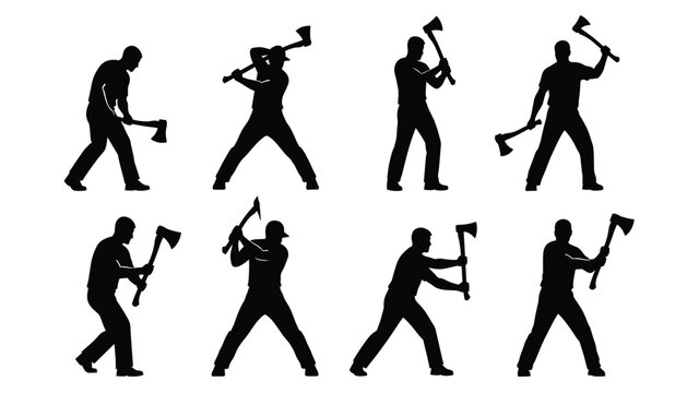 Set of eight black silhouette icons depicting a lumberjack or woodsman swinging an axe in various stages of the chopping motion