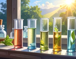 Herbal Extracts in Laboratory Beakers with Natural Sunlight and Serene Greenery Views