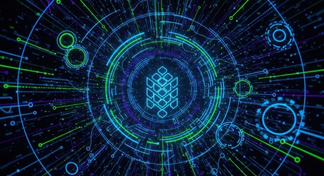 Abstract futuristic digital technology background, showcasing complex interconnected networks and