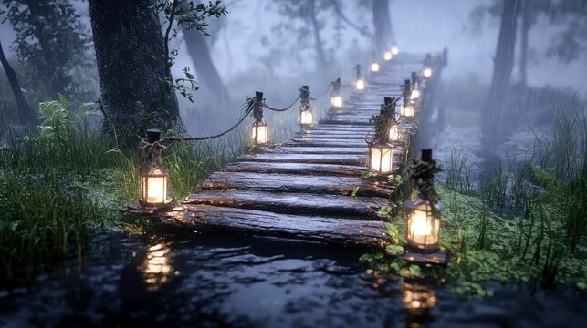 A rustic wooden bridge crosses a dark body of water, lined with glowing lanterns and surrounded by lush greenery and trees in a foggy forest.