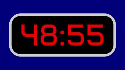 Countdown timer from 49 minute to 48 minute digital with bright red numbers on a black display and blue background