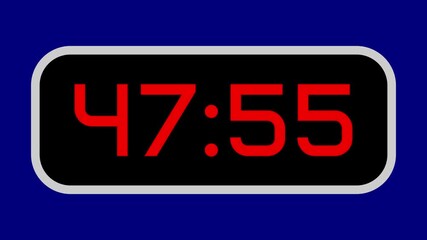 Countdown timer from 48 minute to 47 minute digital with bright red numbers on a black display and blue background