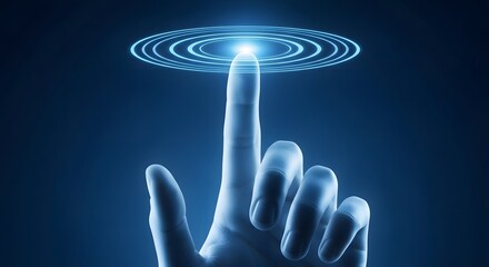 Futuristic finger touching a glowing digital interface with circular waves
