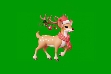 Festive reindeer with Santa hat and scarf on green background.