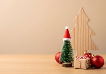 Minimalist Christmas Composition with Mini Tree, Santa Hat, and Gift Box on Wooden Table