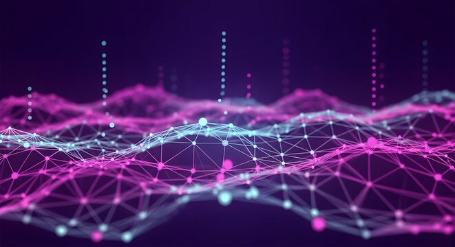 Abstract digital network with connected dots and lines in purple and blue