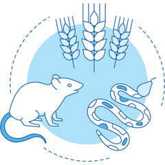 Stylized Illustration Of A White Mouse And A Blue Striped Snake Facing Each Other With Wheat Stalks Above In A Light Blue Circle On A Transparent Background