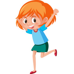 Joyful young girl with orange hair wearing a blue shirt and green skirt celebrating with arms raised high in a playful pose on a white background illustration