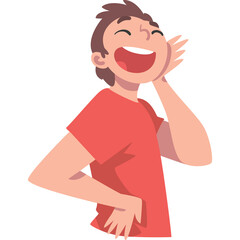 Joyful young man with short brown hair and a red t shirt laughing heartily with eyes closed and his hand on his cheek in a stylized illustration against a clean white background showcasing pure