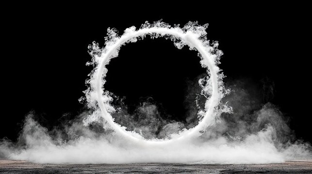 A perfect ring of white smoke floats suspended in the air, with wisps of smoke pooling on the ground below, set against a stark black background.