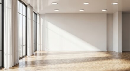 Obraz premium Empty bright room with large windows and wooden herringbone floor