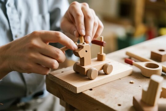 Person assembling a wooden toy horse on a workbench in a workshop