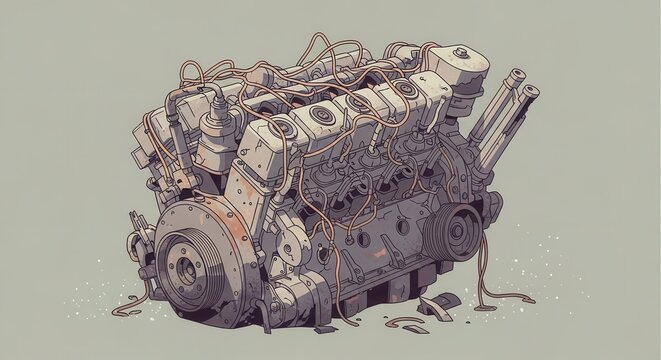 Detailed illustration depicts a large internal combustion engine assembly with numerous wires and mechanical components