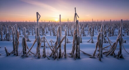 Frozen corn field with frost covered stalks at winter sunset