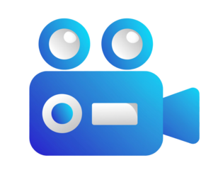 Stylized blue camera icon with white accents, featuring two large lenses and a rectangular viewfinder.