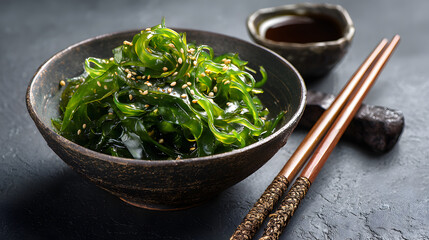 A bowl of fresh seaweed salad with soy sauce and wooden chopsticks on a gray table. Food menu background illustration.