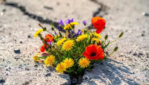 Vibrant jewel-toned wildflowers, including red poppies, emerge from cracked pavement in a photorealistic display of hope, resilience, and strength