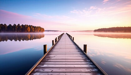 Fototapeta premium A wooden pier stretches across a tranquil lake towards a misty shoreline lined with trees during a serene sunrise.