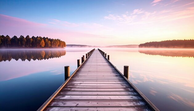 A wooden pier stretches across a tranquil lake towards a misty shoreline lined with trees during a serene sunrise. - Powered by Adobe