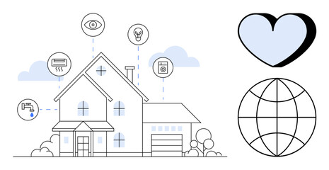 Smart house with connected icons for vision, lighting, plumbing, heating, and security, alongside heart and globe. Ideal for technology, energy, security innovation environment sustainability