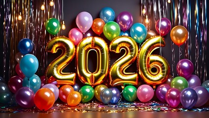 Celebrating the New Year Colorful Balloons and the Golden Numbers of 2026 for Festive Greetings