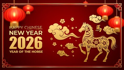 Happy Chinese New Year 2026 Golden Horse and Festive Lanterns Illustration