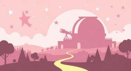 Stylized pink landscape depicts an astronomical observatory under a starry night sky