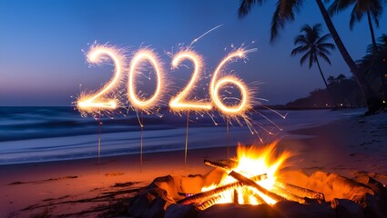Anticipating the future '2026' lights up a festive beach scene at twilight, with glowing sparklers, a cozy bonfire, and serene ocean views under palm trees