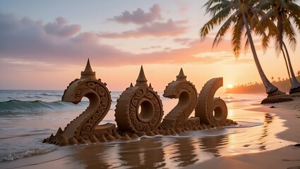 New Year 2026 Sand Sculpture on a Tropical Beach at Sunset with Palm Trees