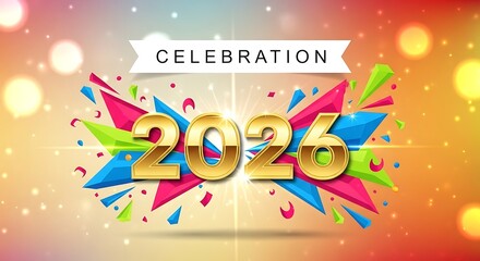 Happy New Year 2026 Celebration - Golden Numbers with Confetti Burst and Bokeh Lights