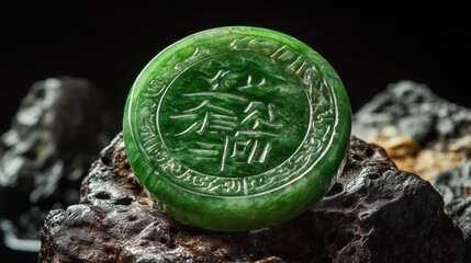Jade Emperor's imperial seal, carved from luminous green jade, impression leaves behind glowing characters of divine authority and order