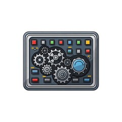 Fototapeta premium Industrial control panel featuring an interconnected system of mechanical cogs and indicator lights