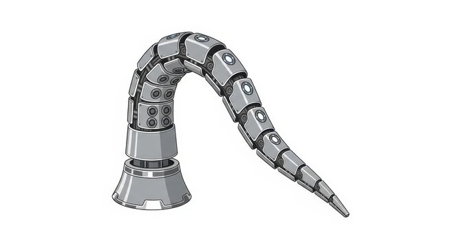 Segmented metallic appendage curves upward against a white background