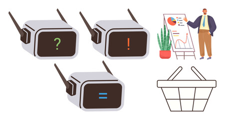 Wireless smart devices with status indicators, professional presenting market data, and empty basket. Ideal for technology, AI, research, retail, decision-making, innovation teamwork concepts