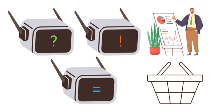 Wireless smart devices with status indicators, professional presenting market data, and empty basket. Ideal for technology, AI, research, retail, decision-making, innovation teamwork concepts - Powered by Adobe