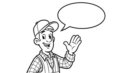 Fototapeta premium Friendly cartoon worker or handyman wearing a cap and plaid shirt waving hello with a blank speech bubble for text