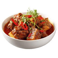 Fototapeta premium Traditional Thai Massaman curry with tender beef chunks, potatoes, and rich coconut gravy served alongside steamed jasmine rice.