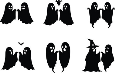 Ghost silhouette set, Halloween vector illustration, spooky character pair, holding hands, bat accent, sad expression, witch figure, black graphic, eerie theme, shadow style