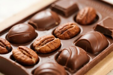 Assorted chocolate candies with pecan nuts in a box