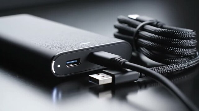 Black portable charger with USB cable on a table