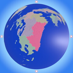 Obraz premium 都道府県を色分けした、宮崎県のプラネット風地図 